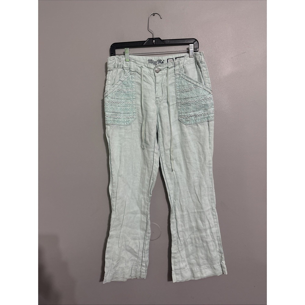 MISS ME Cargo Pants Womens Medium Mint Green 32x29 Wide Leg Linen Trousers Y2k